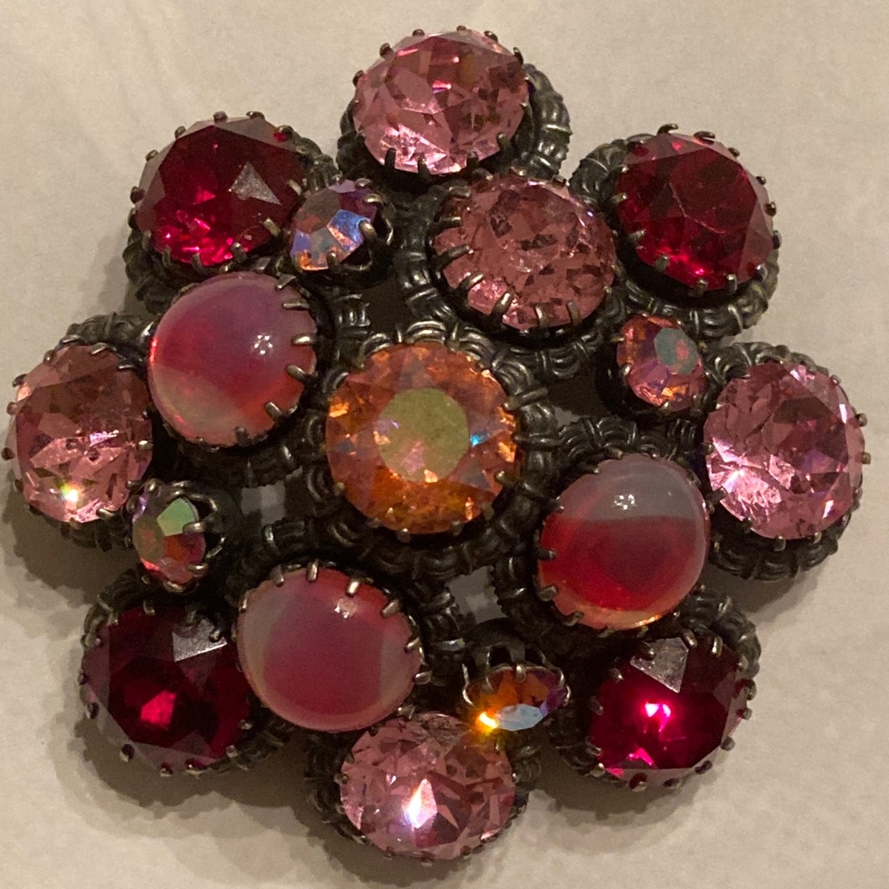 Vintage Pink and Red domed Brooch about 2”